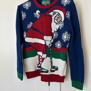 Ugly Christmas Sweater Santa Golfing Crewneck - Blue, Red, Green